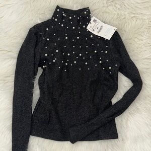 Zara Grey Turtleneck Sweater with Pearl Embellishments